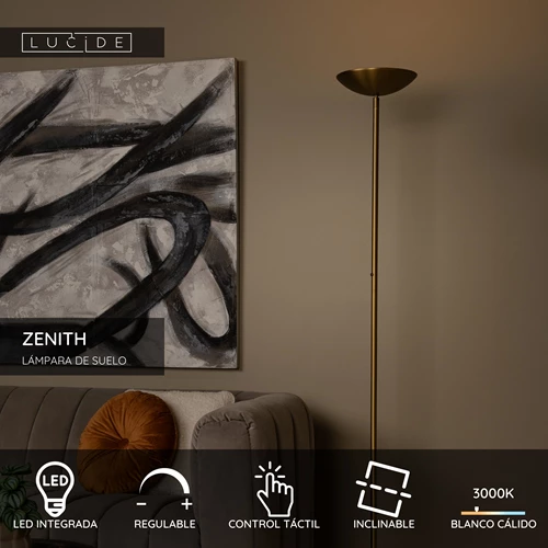 Lucide ZENITH - Lámpara de suelo - Ø 25,4 cm - LED Regul. - 1x20W 3000K - Oro mate / Latón - USP